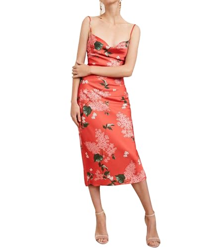 HAHAEMMA Damen Freizeitkleidung ärmellose Spaghettiträger Satin Kleid Cocktail Strand Abendparty Cowl Neck Dot Leopard Midi Kleider(OR,M) von HAHAEMMA