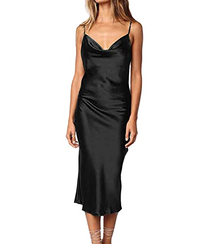 HAHAEMMA Damen Freizeitkleidung ärmellose Spaghettiträger Satin Kleid Cocktail Strand Abendparty Cowl Neck Dot Leopard Midi Kleider(BL,S) von HAHAEMMA