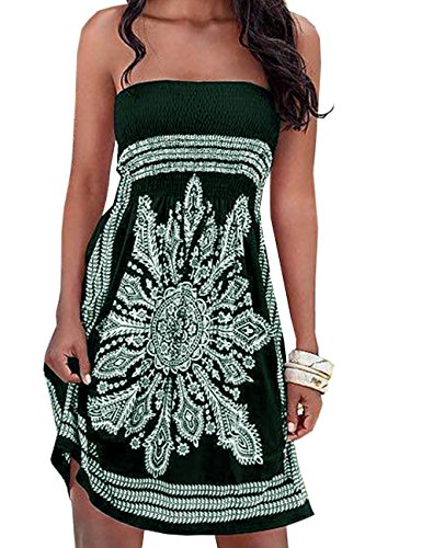 Damen Sommer Bandeau schulterfrei Flora Muster bunt Boho-Stil Casual Mini Strandkleider(BG,M) von HAHAEMMA