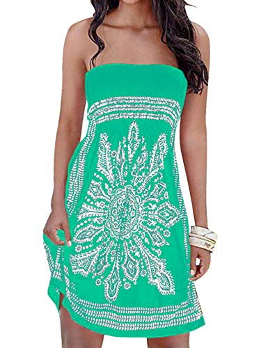 Damen Sommer Bandeau schulterfrei Flora Muster bunt Boho-Stil Casual Mini Strandkleider(CB,L) von HAHAEMMA