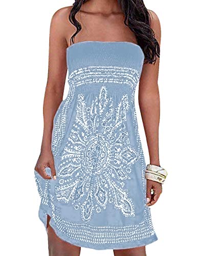 Damen Sommer Bandeau schulterfrei Flora Muster bunt Boho-Stil Casual Mini Strandkleider(GY,XL) von HAHAEMMA