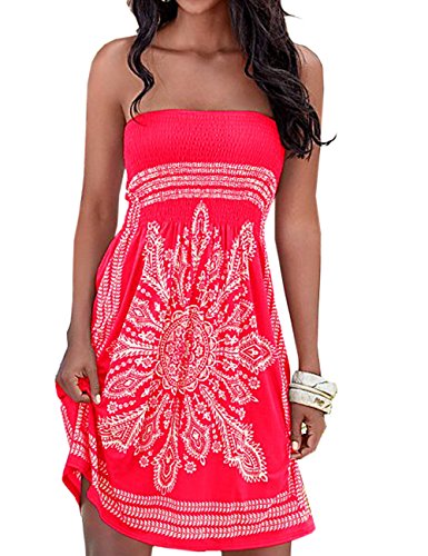 Damen Sommer Bandeau schulterfrei Flora Muster bunt Boho-Stil Casual Mini Strandkleider(RE,L) von HAHAEMMA