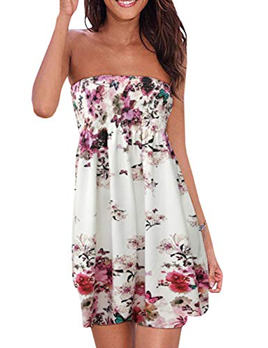 Damen Sommer Bandeau schulterfrei Flora Muster bunt Boho-Stil Casual Mini Strandkleider(WR,L) von HAHAEMMA