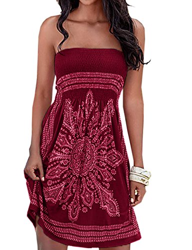 Damen Sommer Bandeau schulterfrei Flora Muster bunt Boho-Stil Casual Mini Strandkleider(WR,S) von HAHAEMMA