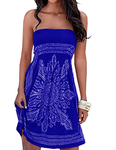 Damen Sommer Bandeau schulterfrei Flora Muster bunt Boho-Stil Casual Mini Strandkleider(ZQ,M) von HAHAEMMA