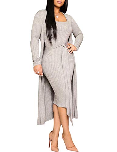 Damen Suit Set Hose und top sexy 3 Piece Outfits for Women Plain Crop Top Wide Leg Long Pants Long Sleeve Cardigan Sweater Casual(GY,L) von HAHAEMMA