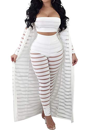 Damen Suit Set Hose und top sexy 3 Piece Outfits for Women Plain Crop Top Wide Leg Long Pants Long Sleeve Cardigan Sweater Casual(WH,L) von HAHAEMMA