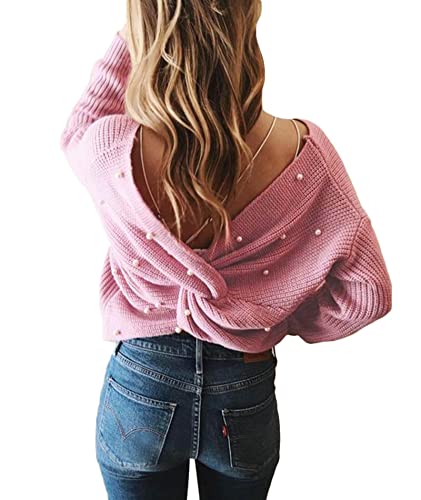 Damen Winter Frühling Sexy Casual V-Ausschnitt Pullover Loose Rückenfrei Fledermaus Batwing Rücken Kreuz Lange Ärmel Sweater Stricken Pullover(43-PI) von HAHAEMMA