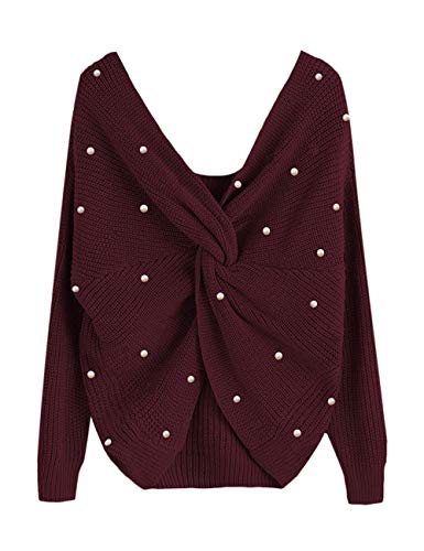 Damen Winter Frühling Sexy Casual V-Ausschnitt Pullover Loose Rückenfrei Fledermaus Batwing Rücken Kreuz Lange Ärmel Sweater Stricken Pullover- von HAHAEMMA