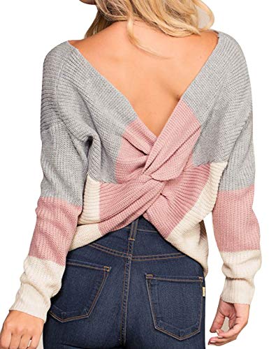 Damen Winter Frühling Sexy Casual V-Ausschnitt Pullover Loose Rückenfrei Fledermaus Batwing Rücken Kreuz Lange Ärmel Sweater Stricken Pullover(83-GY von HAHAEMMA