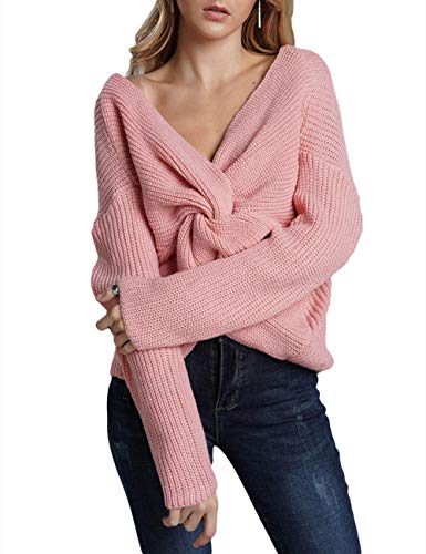 Damen Winter Frühling Sexy Casual V-Ausschnitt Pullover Loose Rückenfrei Fledermaus Batwing Rücken Kreuz Lange Ärmel Sweater Stricken Pullover(93-PI) von HAHAEMMA