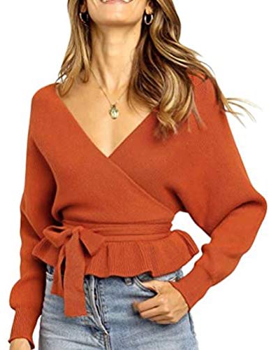 Damen Winter Frühling Sexy Casual V-Ausschnitt Pullover Loose Rückenfrei Fledermaus Batwing Rücken Kreuz Lange Ärmel Sweater Stricken Pullover-CS von HAHAEMMA