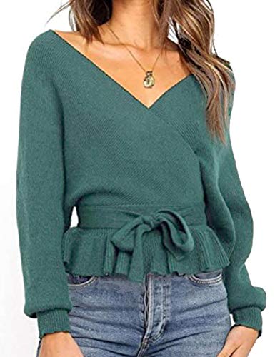 Damen Winter Frühling Sexy Casual V-Ausschnitt Pullover Loose Rückenfrei Fledermaus Batwing Rücken Kreuz Lange Ärmel Sweater Stricken Pullover-GR von HAHAEMMA