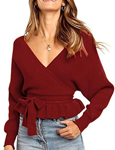 Damen Winter Frühling Sexy Casual V-Ausschnitt Pullover Loose Rückenfrei Fledermaus Batwing Rücken Kreuz Lange Ärmel Sweater Stricken Pullover-WR von HAHAEMMA