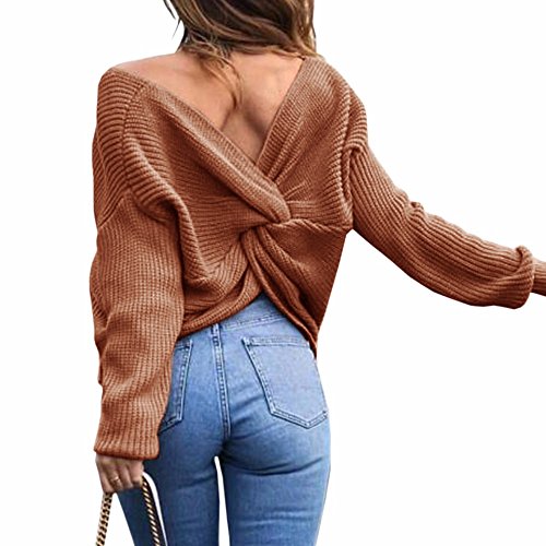 Damen Winter Frühling Sexy Casual V-Ausschnitt Pullover Loose Rückenfrei Fledermaus Batwing Rücken Kreuz Lange Ärmel Sweater Stricken Pullover (CO) von HAHAEMMA