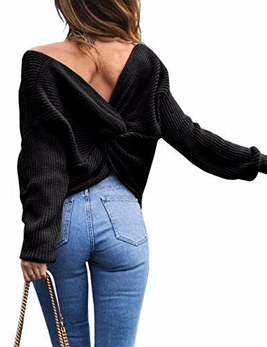 Damen Winter Frühling Sexy Casual V-Ausschnitt Pullover Loose Rückenfrei Fledermaus Batwing Rücken Kreuz Lange Ärmel Sweater Stricken Pullover (BL Schwarz von HAHAEMMA