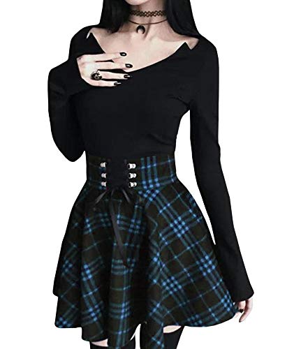 Emma Damen Herbst Winter Elegant Kariert Faltenrock Tartan Bedruckt Contrast Hohe Bund StABtch Shorts Mini ausgestellt Skater Doppelt Spitzen Rock Sexy（BE,5XL） von HAHAEMMA