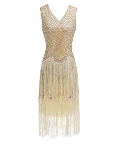 HAHAEMMA 1920s Kleid Damen Pfau Muster Flapper Charleston Kleid Gatsby Pailletten Quasten Saum Cocktail Flapper Abschlussball Kleid(AP,S) von HAHAEMMA