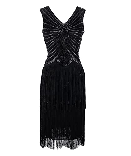 HAHAEMMA 1920s Kleid Damen Pfau Muster Flapper Charleston Kleid Gatsby Pailletten Quasten Saum Cocktail Flapper Abschlussball Kleid(BL,2XL) von HAHAEMMA