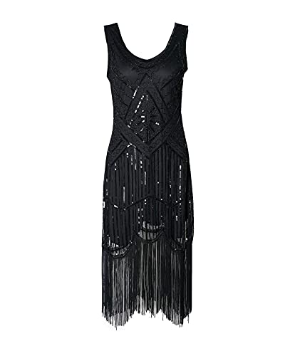 HAHAEMMA 1920s Kleid Damen Pfau Muster Flapper Charleston Kleid Gatsby Pailletten Quasten Saum Cocktail Flapper Abschlussball Kleid（BL,2XL） von HAHAEMMA