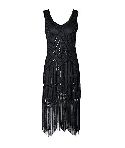 HAHAEMMA 1920s Kleid Damen Pfau Muster Flapper Charleston Kleid Gatsby Pailletten Quasten Saum Cocktail Flapper Abschlussball Kleid（BL,3XL） von HAHAEMMA