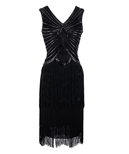 HAHAEMMA 1920s Kleid Damen Pfau Muster Flapper Charleston Kleid Gatsby Pailletten Quasten Saum Cocktail Flapper Abschlussball Kleid(BL,L) von HAHAEMMA