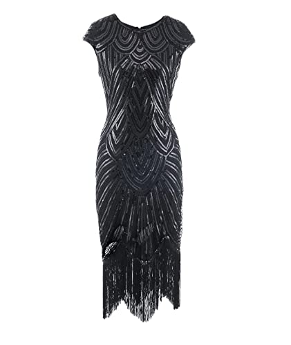 HAHAEMMA 1920s Kleid Damen Pfau Muster Flapper Charleston Kleid Gatsby Pailletten Quasten Saum Cocktail Flapper Abschlussball Kleid（BL1,3XL） von HAHAEMMA