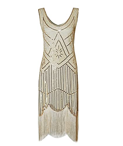 HAHAEMMA 1920s Damen Pfau Muster Flapper Charleston Kleid - Gatsby Pailletten Quasten Saum Cocktail Abschlussball (BW,M) von HAHAEMMA