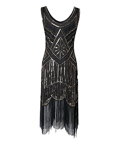 HAHAEMMA 1920s Kleid Damen Pfau Muster Flapper Charleston Kleid Gatsby Pailletten Quasten Saum Cocktail Flapper Abschlussball Kleid（GO,2XL） von HAHAEMMA