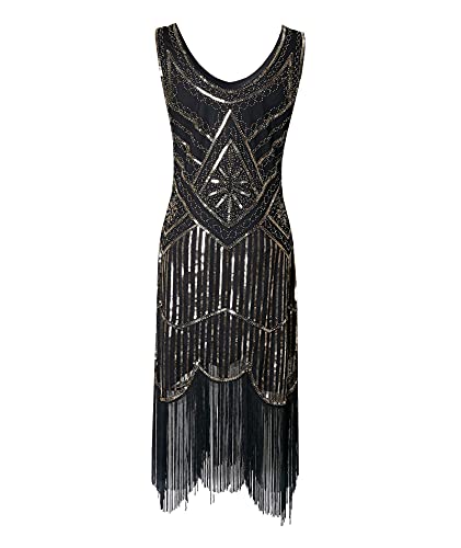 HAHAEMMA 1920s Damen Pfau Muster Flapper Charleston Kleid - Gatsby Pailletten Quasten Saum Cocktail Abschlussball (GO,2XL) von HAHAEMMA