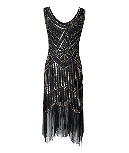 HAHAEMMA 1920s Kleid Damen Pfau Muster Flapper Charleston Kleid Gatsby Pailletten Quasten Saum Cocktail Flapper Abschlussball Kleid（GO,4XL） von HAHAEMMA