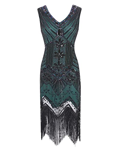 HAHAEMMA 1920s Kleid Damen Pfau Muster Flapper Charleston Kleid Gatsby Pailletten Quasten Saum Cocktail Flapper Abschlussball Kleid（GR1,3XL） von HAHAEMMA