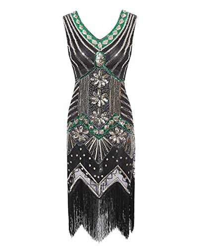 HAHAEMMA 1920s Kleid Damen Pfau Muster Flapper Charleston Kleid Gatsby Pailletten Quasten Saum Cocktail Flapper Abschlussball Kleid（GR2,3XL） von HAHAEMMA