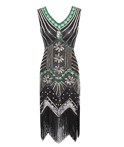 HAHAEMMA 1920s Kleid Damen Pfau Muster Flapper Charleston Kleid Gatsby Pailletten Quasten Saum Cocktail Flapper Abschlussball Kleid（GR2,4XL） von HAHAEMMA