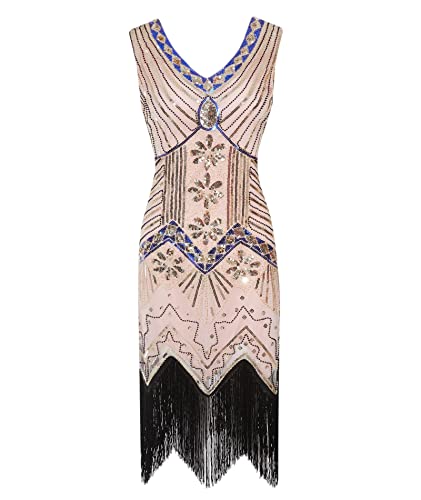 HAHAEMMA 1920s Kleid Damen Pfau Muster Flapper Charleston Kleid Gatsby Pailletten Quasten Saum Cocktail Flapper Abschlussball Kleid（PI,2XL） von HAHAEMMA