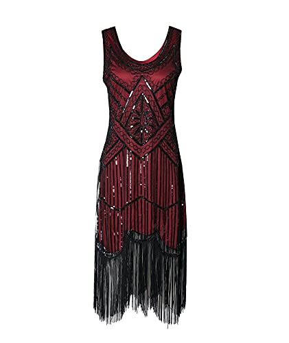 HAHAEMMA 1920s Kleid Damen Pfau Muster Flapper Charleston Kleid Gatsby Pailletten Quasten Saum Cocktail Flapper Abschlussball Kleid（RE,2XL） von HAHAEMMA