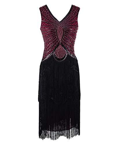 HAHAEMMA 1920s Kleid Damen Pfau Muster Flapper Charleston Kleid Gatsby Pailletten Quasten Saum Cocktail Flapper Abschlussball Kleid(RE,L) von HAHAEMMA