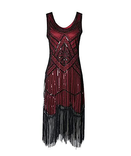 HAHAEMMA 1920s Kleid Damen Pfau Muster Flapper Charleston Kleid Gatsby Pailletten Quasten Saum Cocktail Flapper Abschlussball Kleid（RE,M） von HAHAEMMA