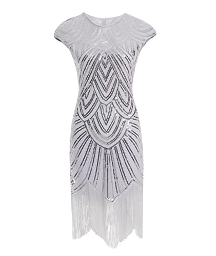 HAHAEMMA 1920s Kleid Damen Pfau Muster Flapper Charleston Kleid Gatsby Pailletten Quasten Saum Cocktail Flapper Abschlussball Kleid（WH,3XL） von HAHAEMMA