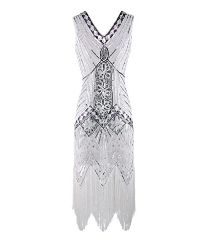 HAHAEMMA 1920s Kleid Damen Pfau Muster Flapper Charleston Kleid Gatsby Pailletten Quasten Saum Cocktail Flapper Abschlussball Kleid（WH,3XL） von HAHAEMMA