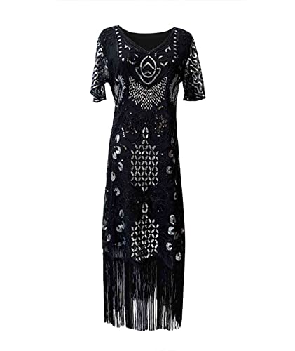 HAHAEMMA 1920s Vintage Flapper Charleston Kleid - Gatsby Pailletten Quasten Saum Cocktail Abschlussball Abendkleid Party Kostüm (SI,XL) von HAHAEMMA