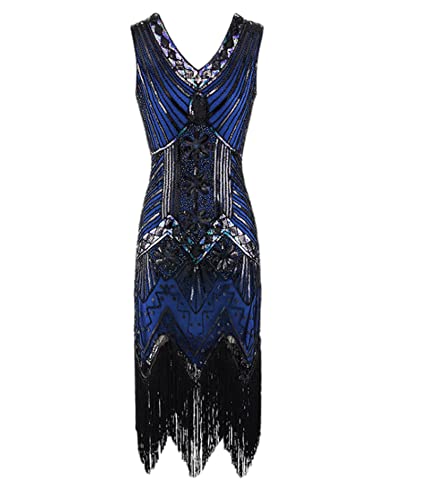 HAHAEMMA 1920s Vintage Flapper Charleston Kleid - Gatsby Pailletten Quasten Saum Cocktail Abschlussball Abendkleid Party Kostüm (BE1,M) von HAHAEMMA