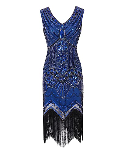 HAHAEMMA 1920s Vintage Kleid Damen Flapper Charleston Kleid Gatsby Pailletten Quasten Saum Cocktail Flapper Abschlussballkleid Abendkleid Cocktail Party Kostüm Kleid（BE2,2XL） von HAHAEMMA