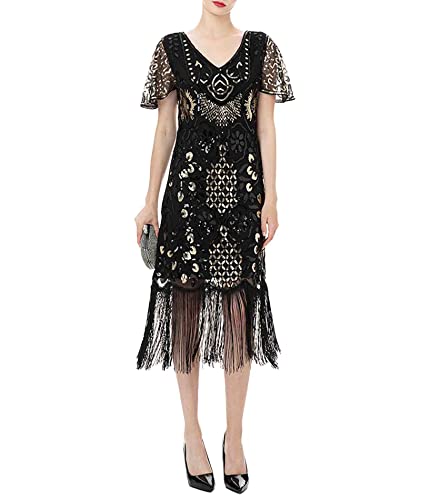 HAHAEMMA 1920s Vintage Kleid Damen Flapper Charleston Kleid Gatsby Pailletten Quasten Saum Cocktail Flapper Abschlussballkleid Abendkleid Cocktail Party Kostüm Kleid（BL1,2XL） von HAHAEMMA