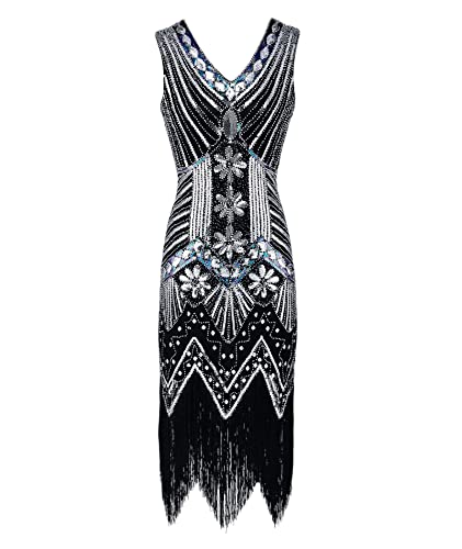 HAHAEMMA 1920s Vintage Flapper Charleston Kleid - Gatsby Pailletten Quasten Saum Cocktail Abschlussball Abendkleid Party Kostüm (BL1,3XL) von HAHAEMMA