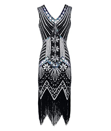 HAHAEMMA 1920s Vintage Kleid Damen Flapper Charleston Kleid Gatsby Pailletten Quasten Saum Cocktail Flapper Abschlussballkleid Abendkleid Cocktail Party Kostüm Kleid（BL1,S） von HAHAEMMA