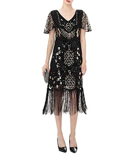 HAHAEMMA 1920s Vintage Flapper Charleston Kleid - Gatsby Pailletten Quasten Saum Cocktail Abschlussball Abendkleid - Party Kostüm (BL1,S) von HAHAEMMA