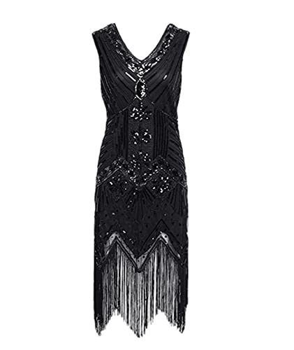 HAHAEMMA 1920s Vintage Kleid Damen Flapper Charleston Kleid Gatsby Pailletten Quasten Saum Cocktail Flapper Abschlussballkleid Abendkleid Cocktail Party Kostüm Kleid（BL2,2XL） von HAHAEMMA