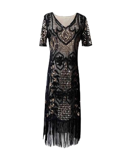 HAHAEMMA 1920s Vintage Kleid Damen Flapper Charleston Kleid Gatsby Pailletten Quasten Saum Cocktail Flapper Abschlussballkleid Abendkleid Cocktail Party Kostüm Kleid（BL2,XL） von HAHAEMMA