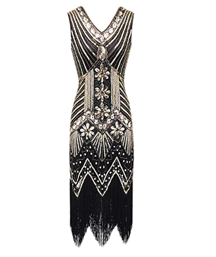 HAHAEMMA 1920s Vintage Kleid Damen Flapper Charleston Kleid Gatsby Pailletten Quasten Saum Cocktail Flapper Abschlussballkleid Abendkleid Cocktail Party Kostüm Kleid（GO1,XL） von HAHAEMMA